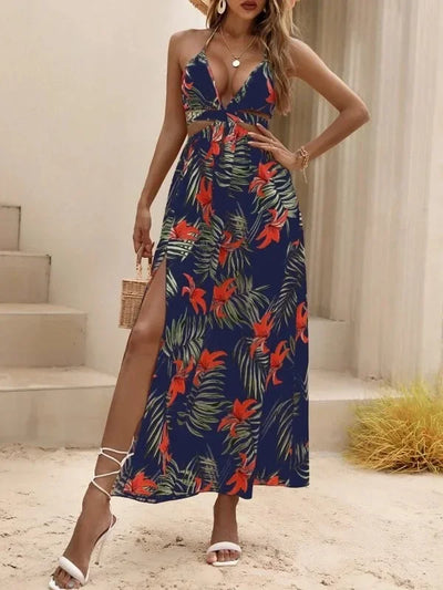 2024 Summer Fashionable Beach Style Sexy Dress Printed Open Back Strap V-neck Split Elegant Bohemian Style Long Dress