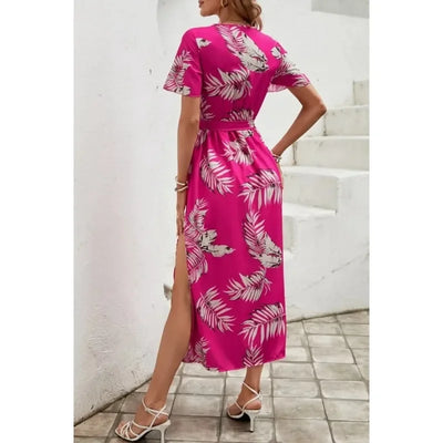 Women's 1XL-5XL plus size Short Sleeved Printed Casual Dress Elegant and Fashion V-neck Belt Slit Beach Vacation Style Dress