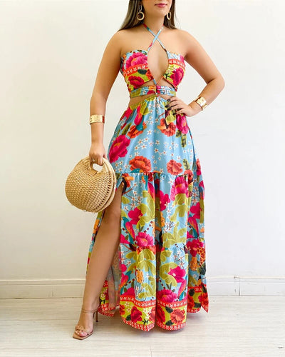 New Fashion 2024 Summer Casual Tropical Print Backless Maxi Dress Sexy Elegant Dresses Women Vacation Female Clothing Outfits