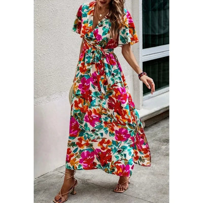 Women's 1XL-5XL plus size Short Sleeved Printed Casual Dress Elegant and Fashion V-neck Belt Slit Beach Vacation Style Dress