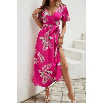 Women's 1XL-5XL plus size Short Sleeved Printed Casual Dress Elegant and Fashion V-neck Belt Slit Beach Vacation Style Dress