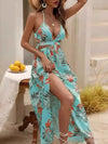 2024 Summer Fashionable Beach Style Sexy Dress Printed Open Back Strap V-neck Split Elegant Bohemian Style Long Dress