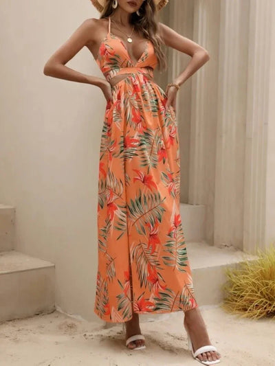 2024 Summer Fashionable Beach Style Sexy Dress Printed Open Back Strap V-neck Split Elegant Bohemian Style Long Dress