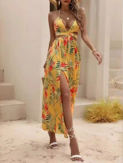 2024 Summer Fashionable Beach Style Sexy Dress Printed Open Back Strap V-neck Split Elegant Bohemian Style Long Dress